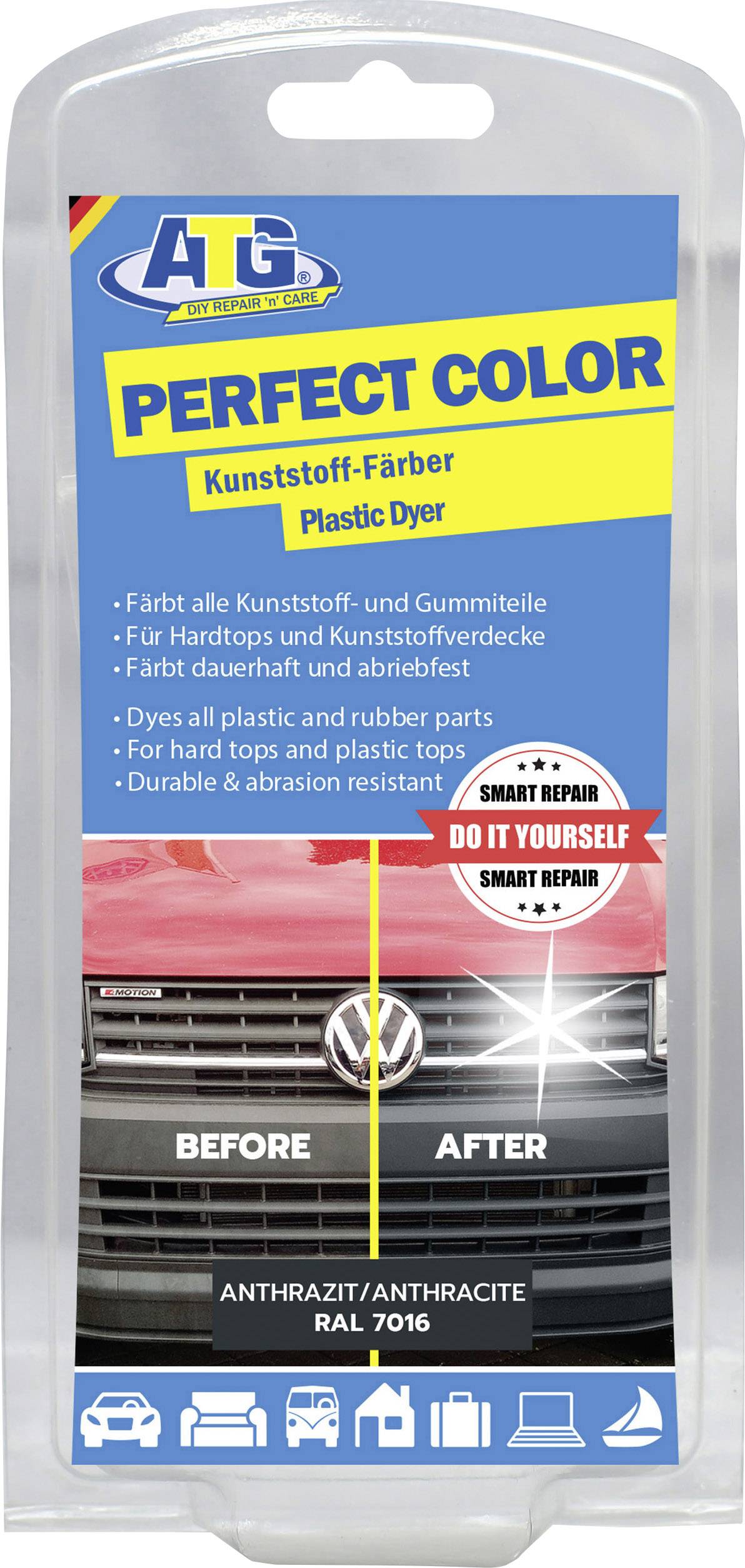 Obal plastového barviva s obrázkem automobilu před a po aplikaci. Text: 'Perfektní barva', 'Udělej si sám'.