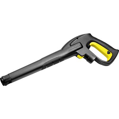 Černá tlaková myčka s žlutými akcenty. Disponuje ergonomickou rukojetí a robustní tryskou.