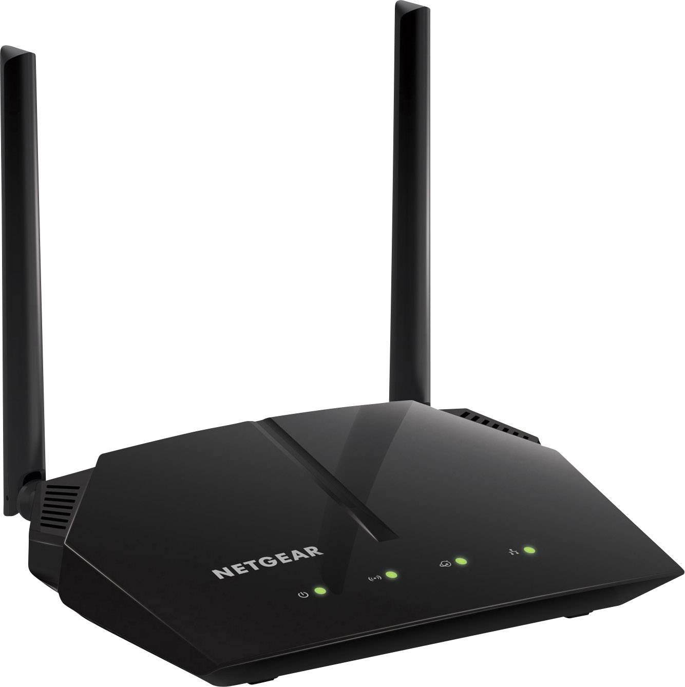 Černý router Netgear se dvěma anténami zobrazuje tři zelené stavové kontrolky na přední straně, které signalizují aktivitu.