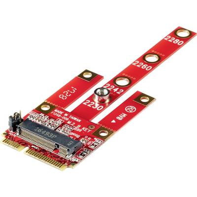 Červená M.2 NGFF SSD adaptérová karta s různými upevňovacími otvory pro různé velikosti SSD a hlavní zásuvkou.