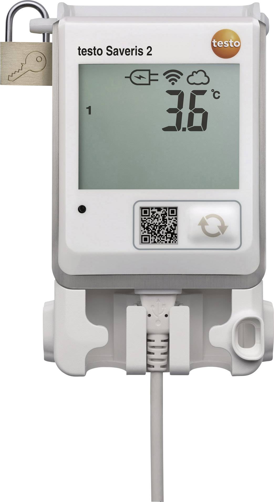 Digitální teploměr s displejem zobrazujícím 3,6°C, symbol WiFi, indikátor baterie, ikonu zámku a QR kódem. Značka 'testo'.
