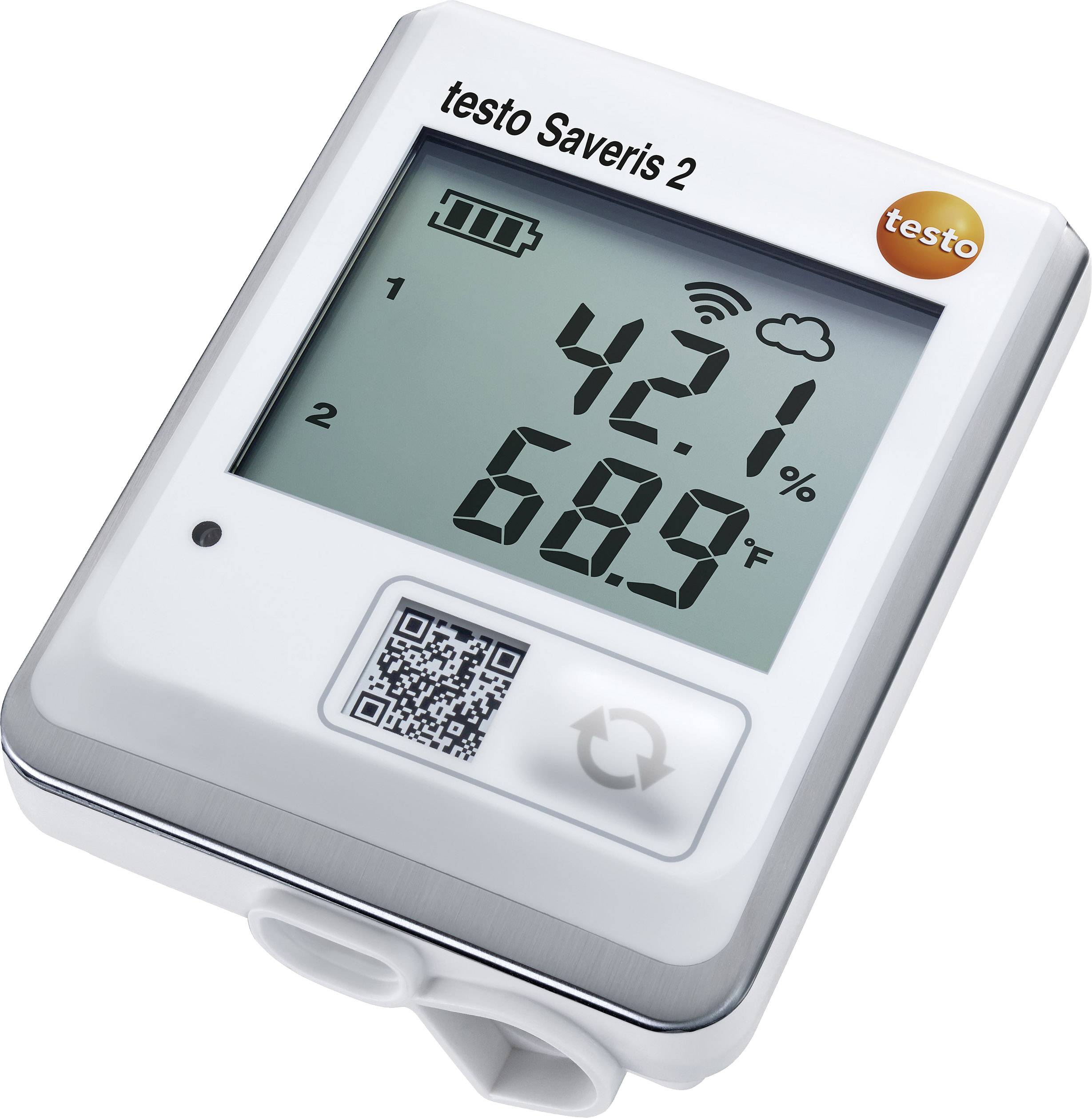Digitální měřicí přístroj ukazuje 42,1% vlhkosti vzduchu a 68,9°F teploty. Symbol slabé baterie.