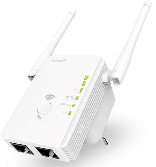 Bezdrátový opakovač (repeater) se dvěma anténami a několika zelenými LED indikátory signalizujícími stav připojení. Designové řešení určené ke zlepšení WiFi signálu.