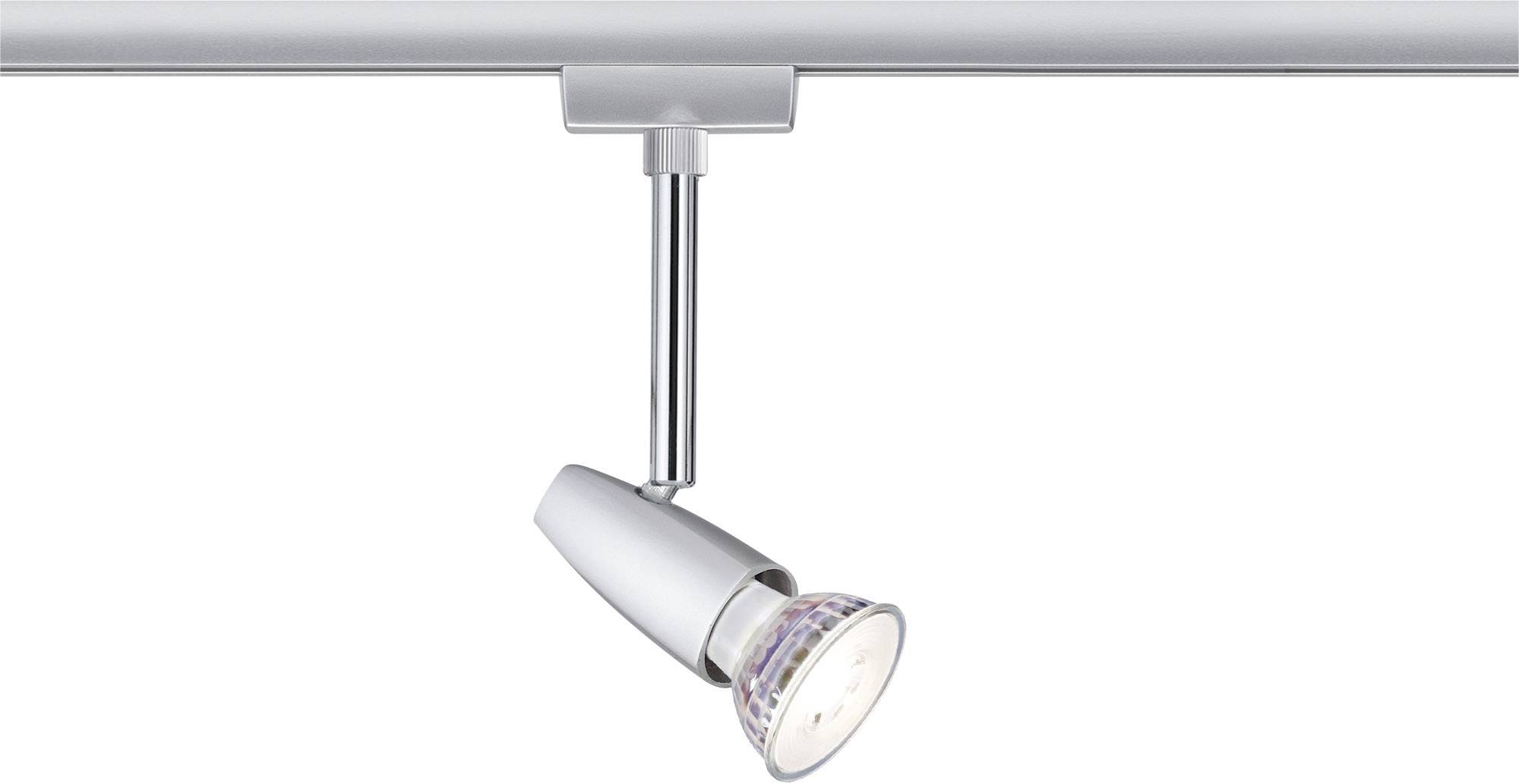 Stříbrná halogenová bodová lampa připevněná na kolejnici; směrované světlo pro cílené osvětlení.
