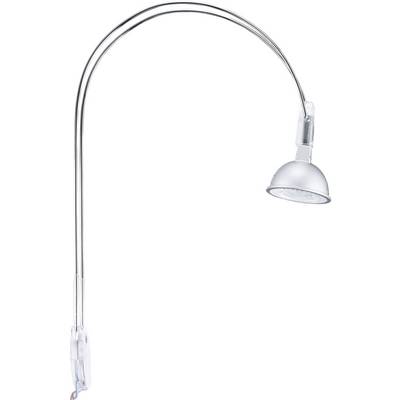 Stříbrná obloukovitá lampa s kulatým stínítkem, ideální pro osvětlení pracovních prostor nebo míst pro čtení.