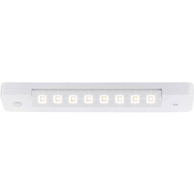 Bílé LED svítidlo s osmi svítícími diodami, obdélníkového tvaru, vhodné pro nástěnnou montáž. Po stranách na okraji jsou viditelné senzory.