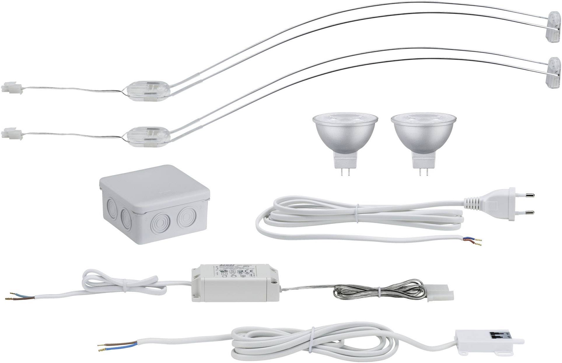 Dvě LED lampy s kabely a síťovým adaptérem, vše v bílé barvě. Vhodné pro osvětlovací instalace.