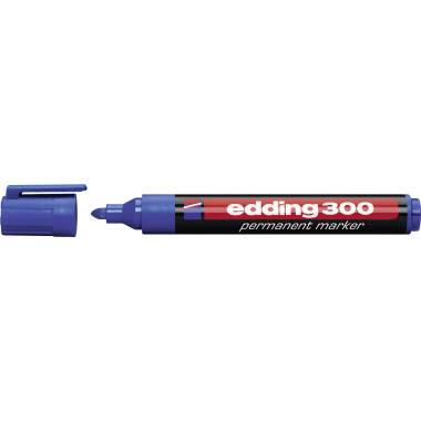 Modrý permanentní fix Edding 300 s otevřeným víčkem, položený horizontálně. Nápis: 'edding 300 permanentní fix'.