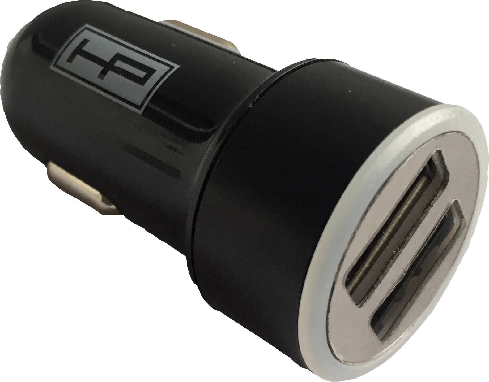 Černá USB autodobíječka se dvěma USB porty, kompaktní a mobilní. Ideální pro současné nabíjení několika zařízení při cestování.