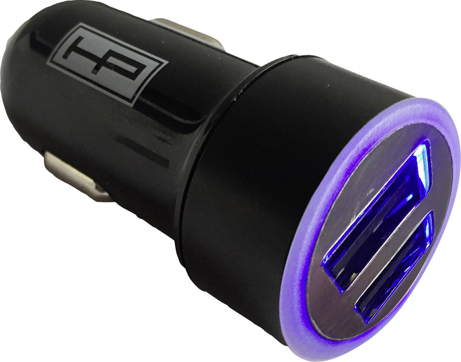 Černý USB autonabiječ se dvěma modrými USB porty a svítícím okrajem. Ideální pro nabíjení zařízení během cesty.