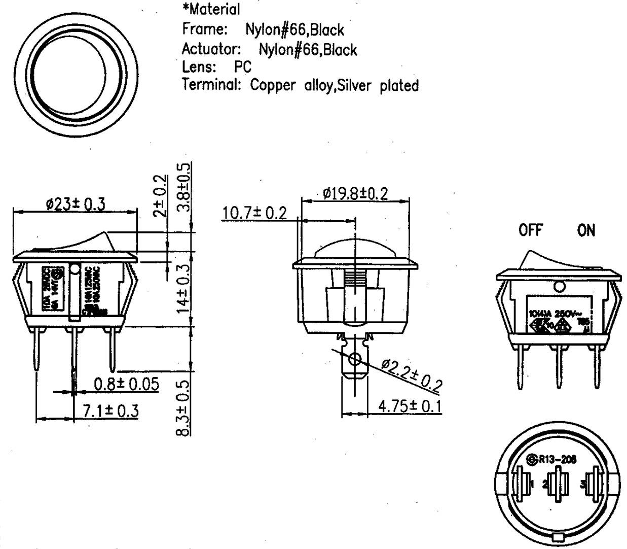 Schéma elektrického obvodu kulatého přepínače: rozměry, údaje o materiálech (nylon, měděná slitina), viditelné označení 'ON/OFF'.