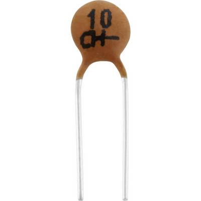 Malý hnědý keramický kondenzátor se dvěma kovovými nožkami, na kterém je vytištěno '10' a symbol.
