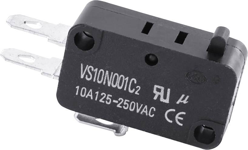 Černý mikrospínač s kovovými kontakty. Označený štítkem 'VS10N001C2' a '10A125-250VAC', vhodný pro elektrické aplikace.