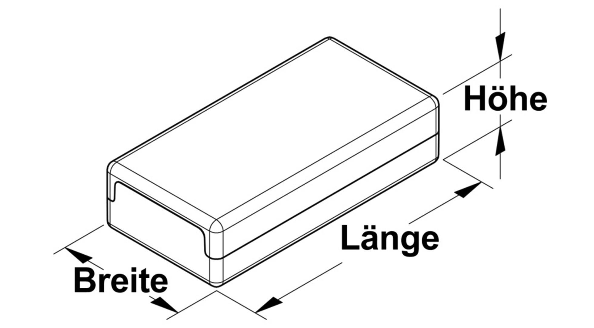 3D diagram obdélníkové krabice s popsanými rozměry: šířka, délka a výška.