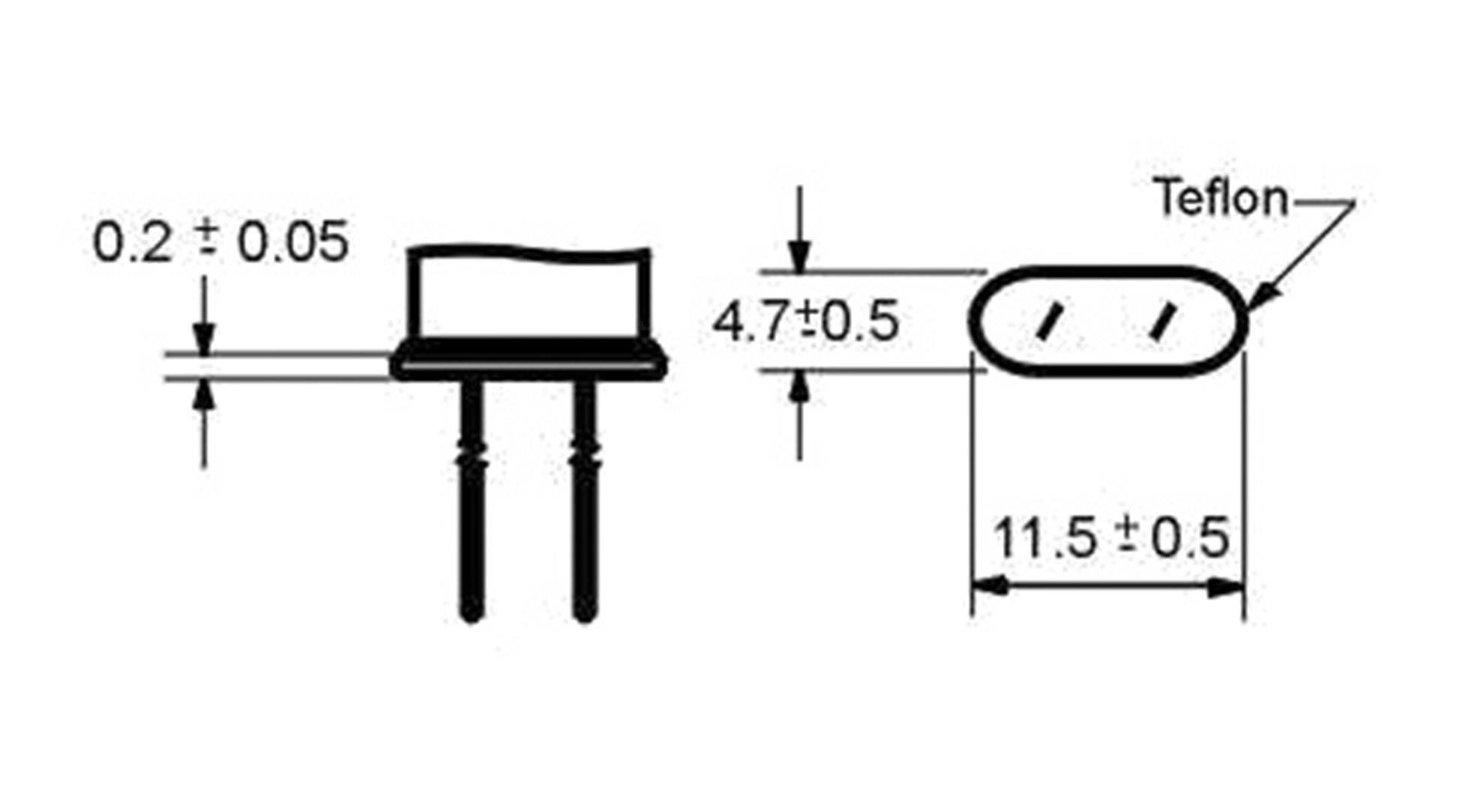 Technický výkres elektronické součástky s rozměry: 0,2 ± 0,05 a 11,5 ± 0,5 mm. Hrot označený 'Teflon'.