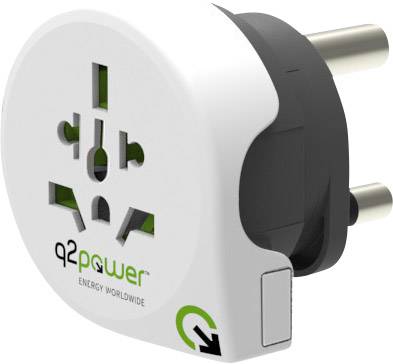Univerzální cestovní adaptér s několika typy zástrček, vhodný pro použití po celém světě, značka 'q2power'.