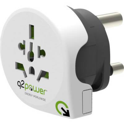 Univerzální cestovní adaptér s několika typy zástrček, vhodný pro použití po celém světě, značka 'q2power'.