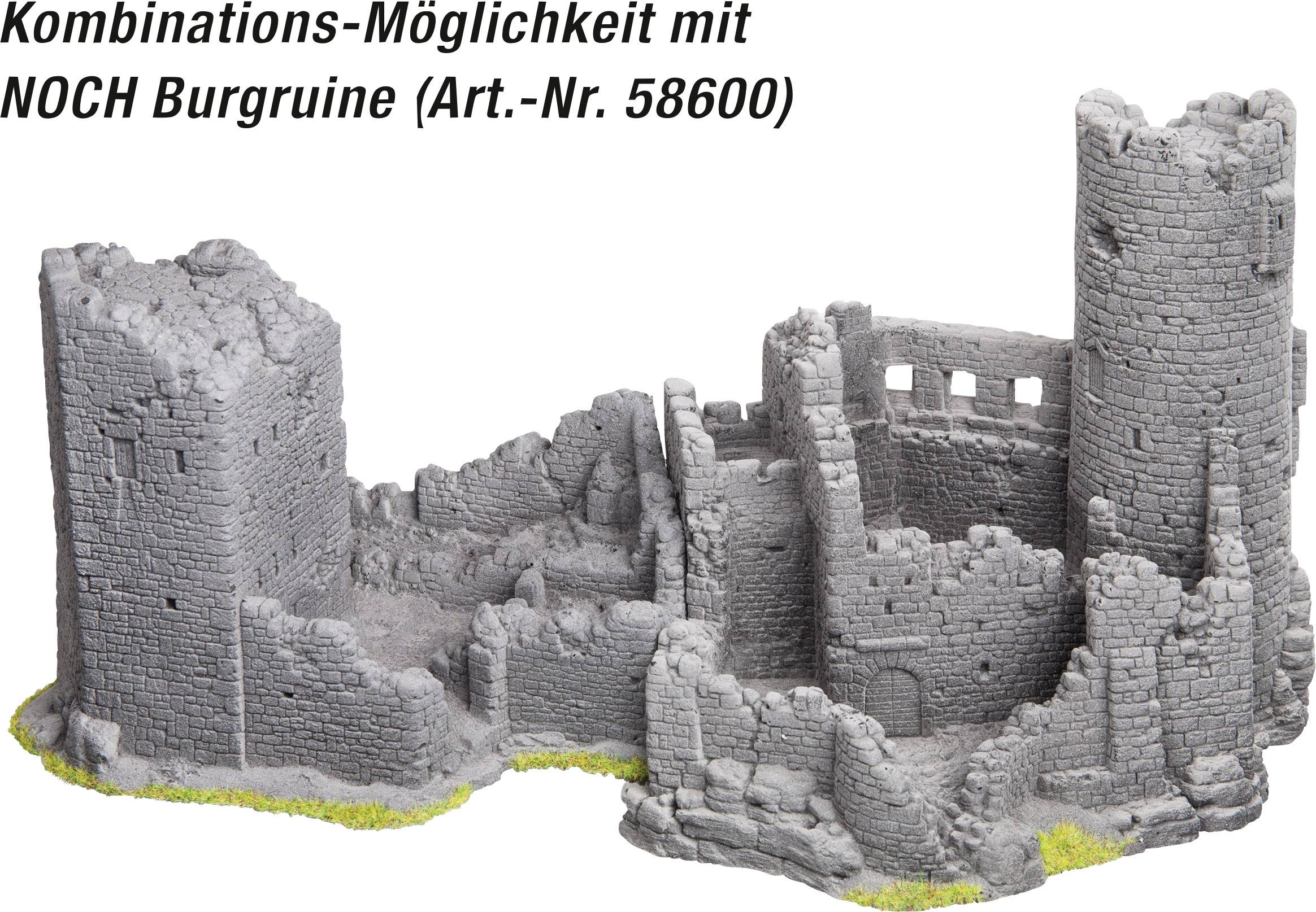 Šedá modelová zřícenina hradu s kulatými věžemi a rozpadajícími se zdmi, vhodná pro kombinaci s modelovou zříceninou hradu NOCH (č. výr. 58600).