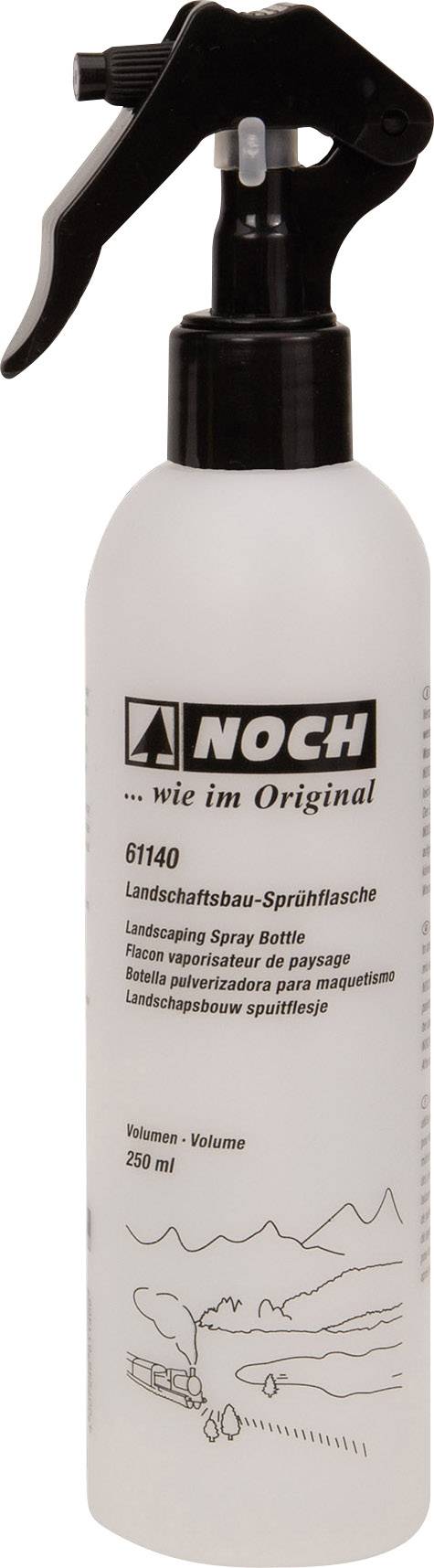 Rozprašovač s černým rozprašovacím víčkem. Nápis: 'NOCH Krajinářství-rozprašovač 61140'. Kapacita: 250 ml.