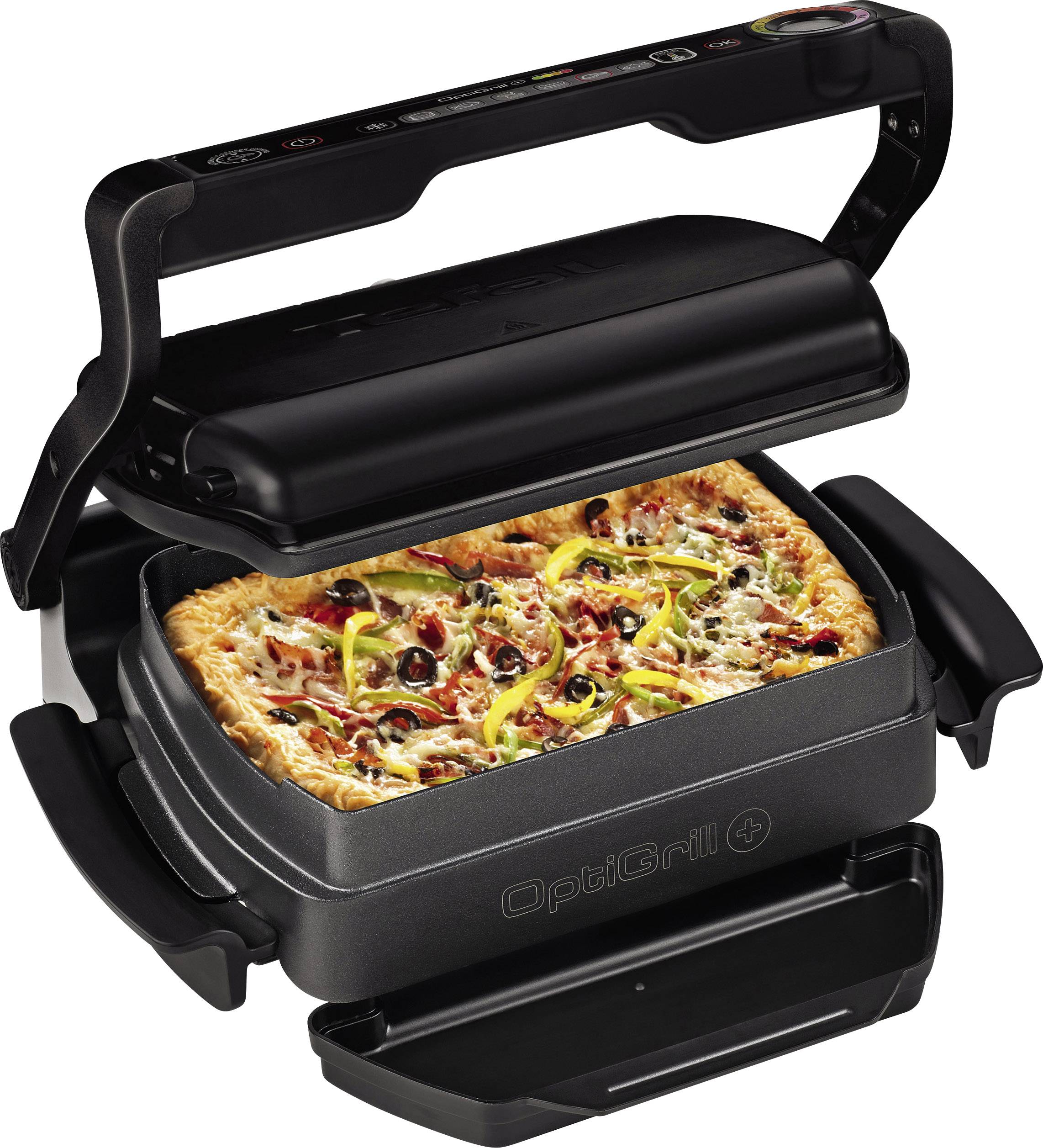 Elektrický kontaktní gril s otevřenou klapkou, uvnitř pizza s paprikou a olivami.