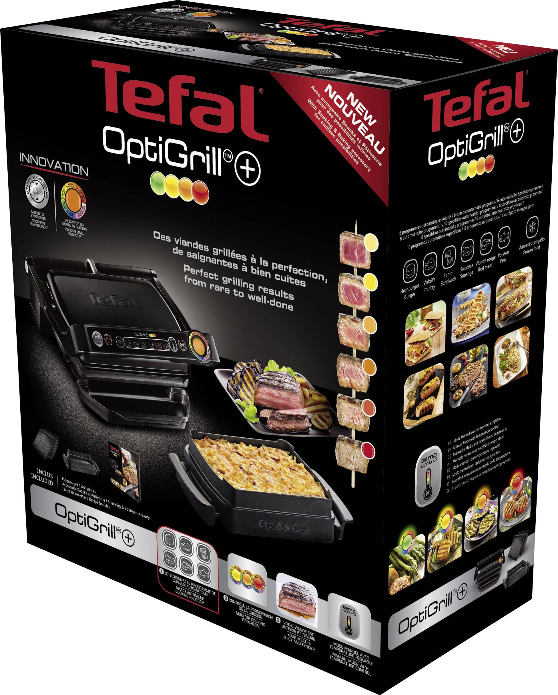 Obal přístroje Tefal OptiGrill+ s obrázky grilu a grilovaných pokrmů, zvýrazněnými funkcemi a textem o jeho výkonu.