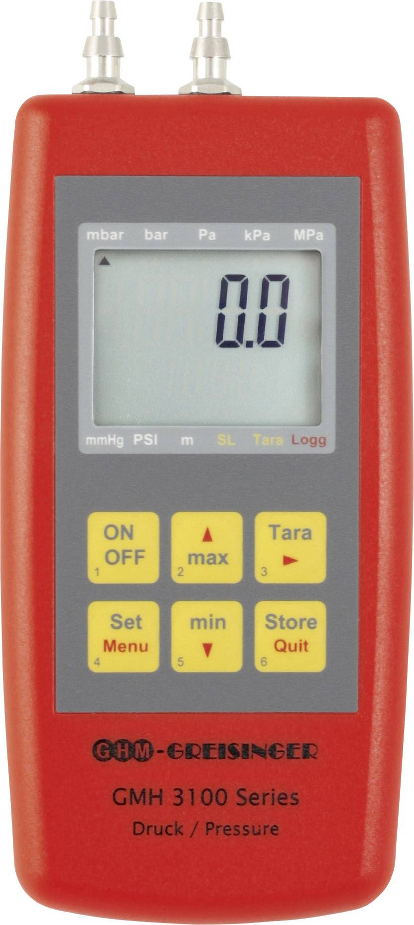 Červený digitální tlakoměr pro měření tlaku, zobrazující '0.0' na displeji. Pod ním jsou umístěny ovládací tlačítka přístroje.
