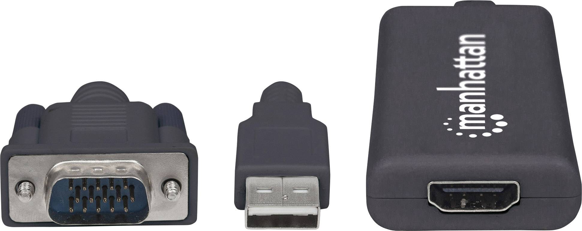 Tři různé typy konektorů: VGA, USB a HDMI, na černém pozadí s nápisem 'manhattan' na jednom z konektorů.