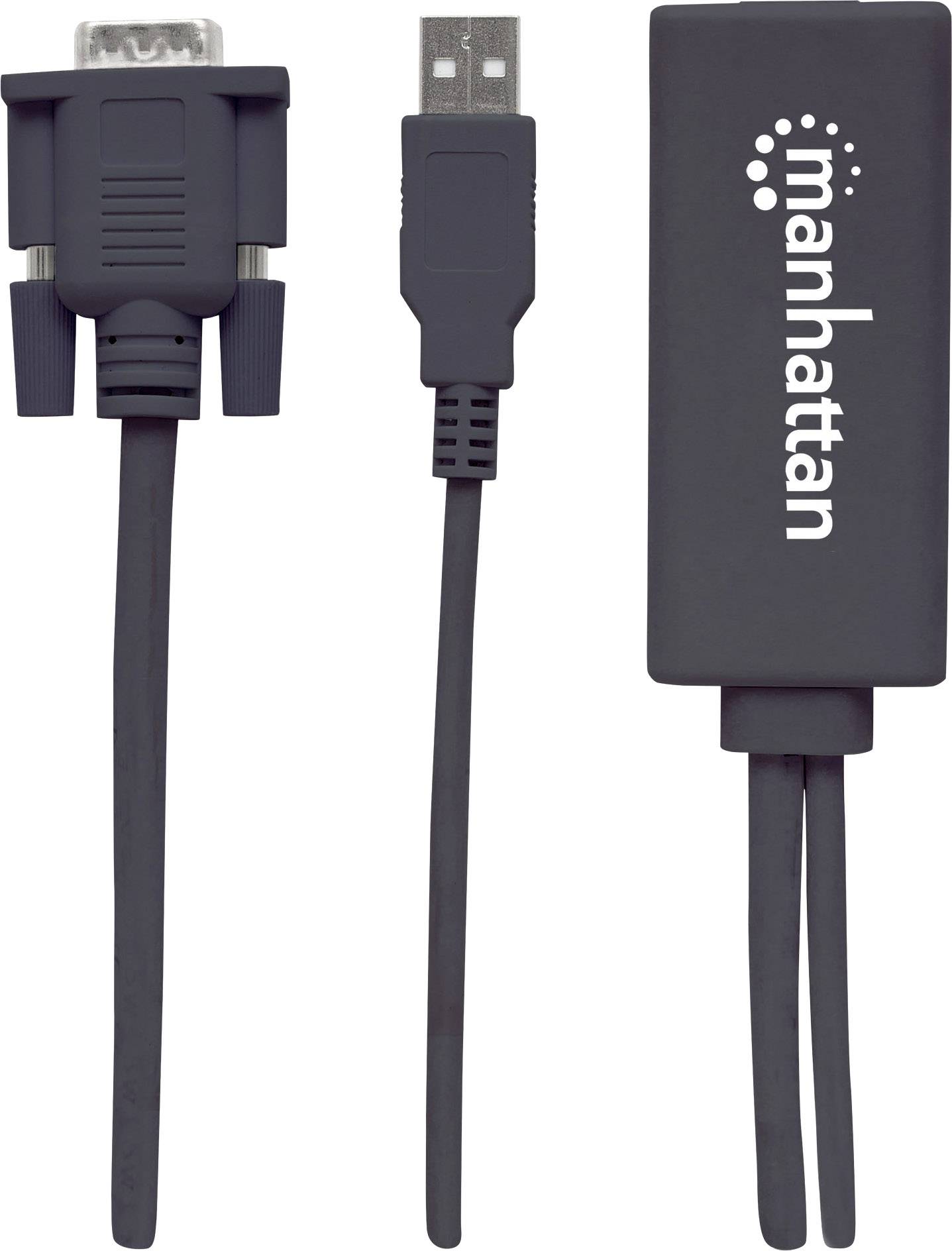 Adaptérový kabel s VGA a USB konektory a černým štítkem Manhattan. Propojuje starší displeje s moderními zařízeními.