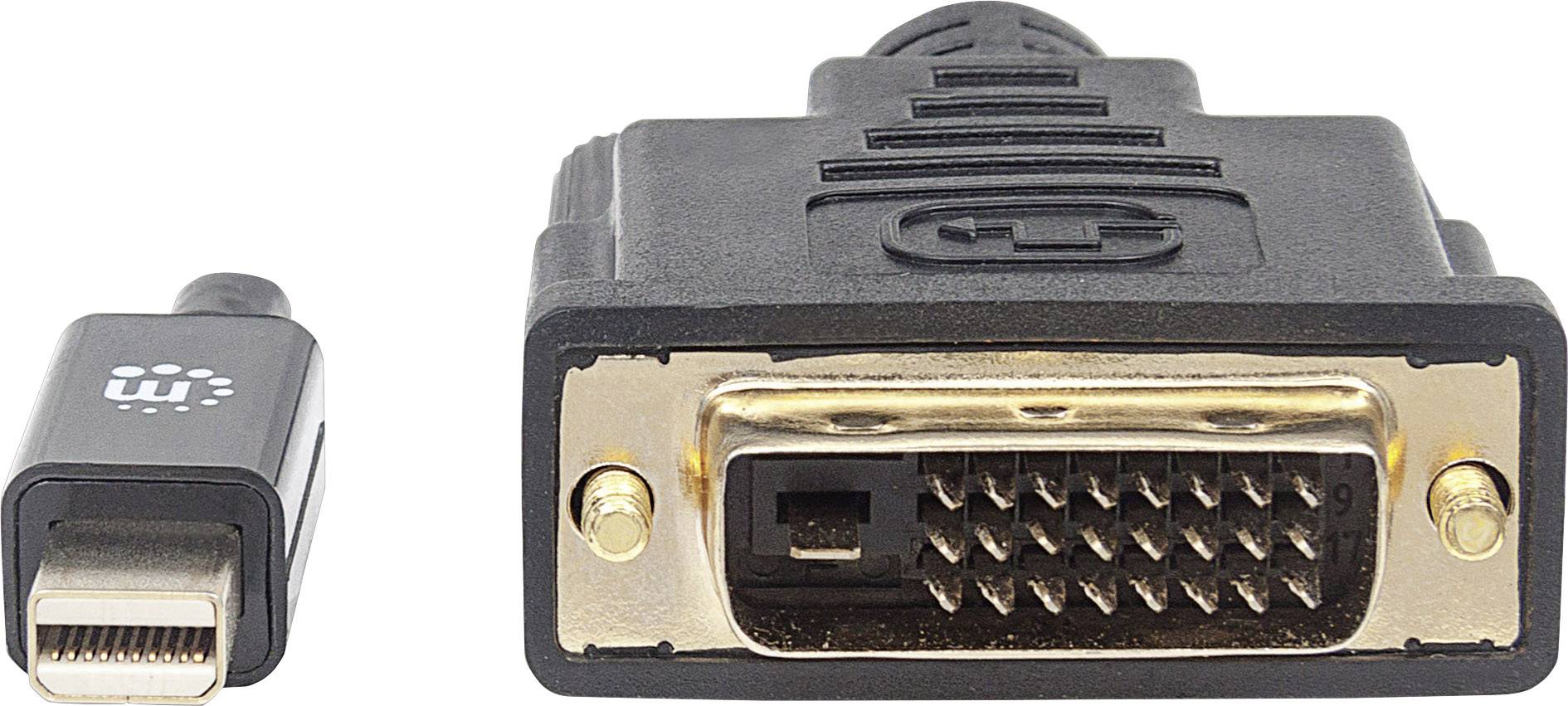 Adaptér z Mini DisplayPortu na DVI, černý kabel se dvěma různými konektory: malý konektor Mini DisplayPort a větší konektor DVI.