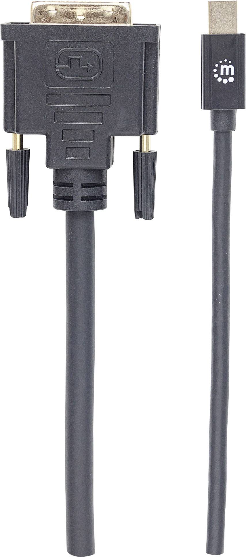 Černý kabel monitoru s DVI konektorem vlevo a USB-C konektorem vpravo.