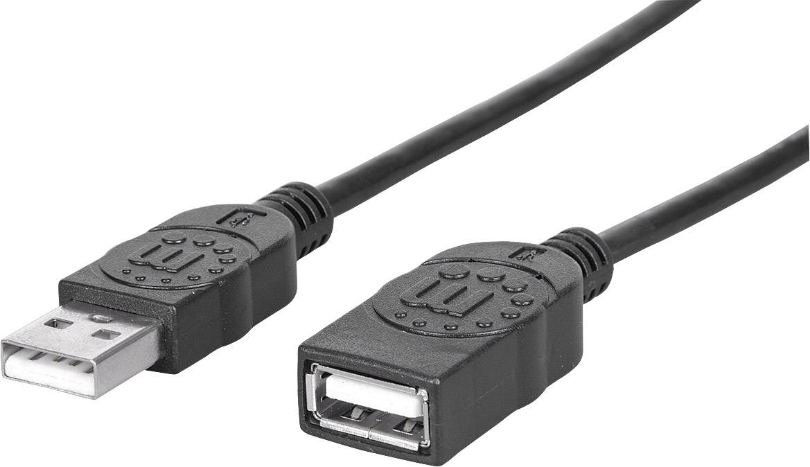Černý prodlužovací USB kabel s jedním samčím a jedním samičím konektorem.
