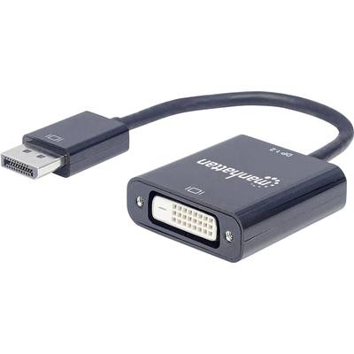 Černý adaptér z DisplayPort na DVI s názvem značky 'Manhattan' na horní straně.