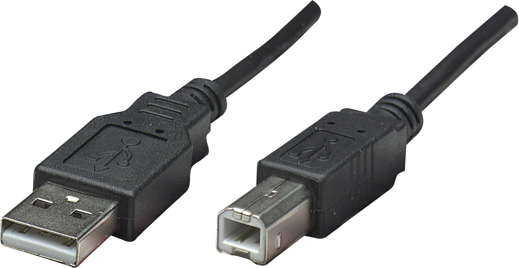 USB kabel s dvěma různými konektory: vlevo standardní USB konektor a vpravo čtvercový USB-B konektor.
