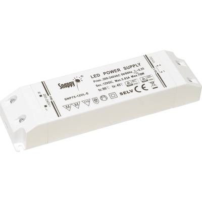LED napájecí zdroj, model SNP75-12VL-E, vstup: 200-240V, 50/60Hz, 0,95A, výstup: 12VDC, max. 6,25A, 75W. Kryt z bílého plastu.