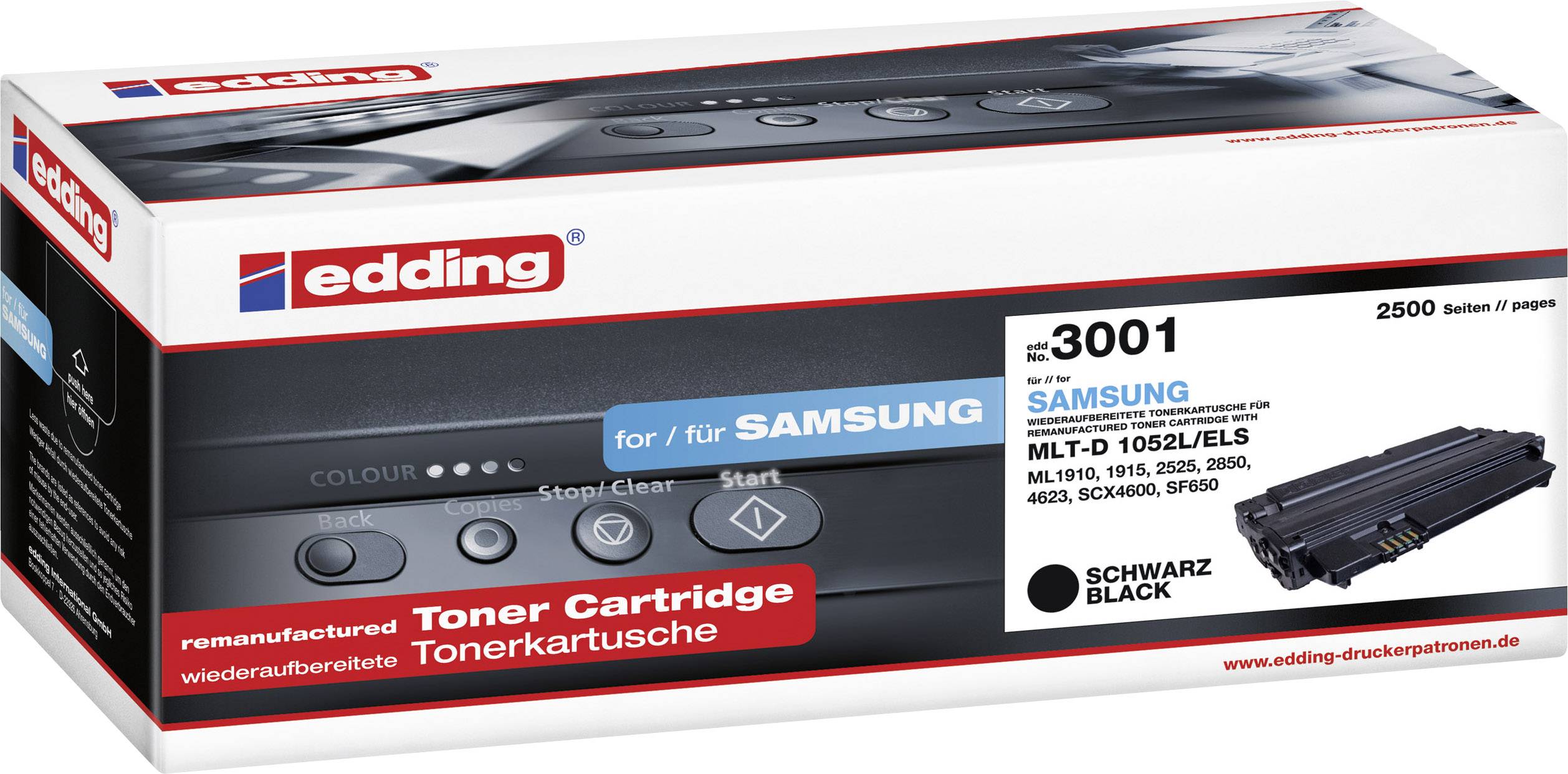 Tonerová kazeta pro tiskárny Samsung, model MLT-D1052/ELS, výtěžnost 2500 stran, černá. Značka Edding, repasovaná kazeta.
