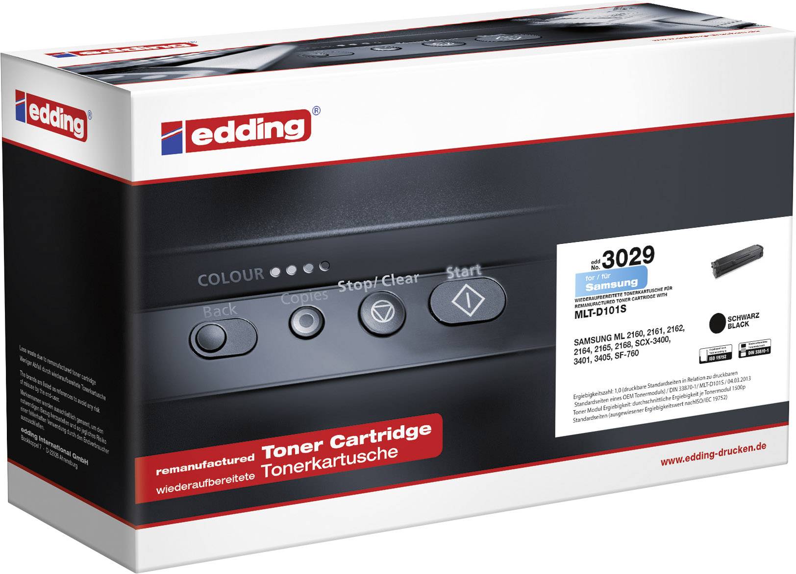 Tonerová kazeta edding, kompatibilní s tiskárnami Samsung MLT-D101S. Obsahuje černý toner, renovovaná.