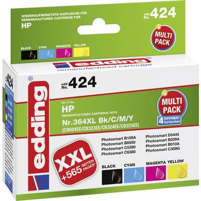 Multipack inkoustových cartridgí od edding, model edd 424. Obsahuje černé, azurové, purpurové a žluté inkoustové patrony. Pro tiskárny HP.