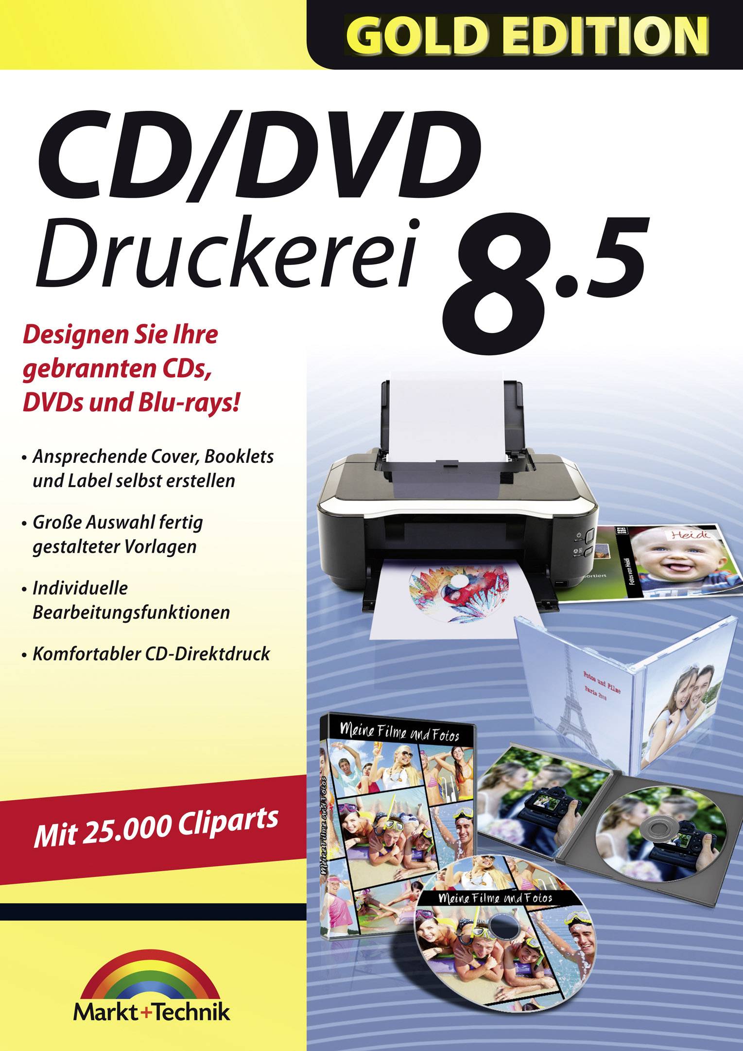 Software pro tisk CD/DVD 'Verze 8.5 Gold Edition'. Funkce: tvorba obalu, kliparty, přímý tisk na CD/DVD. Obsahuje 25.000 klipartů.