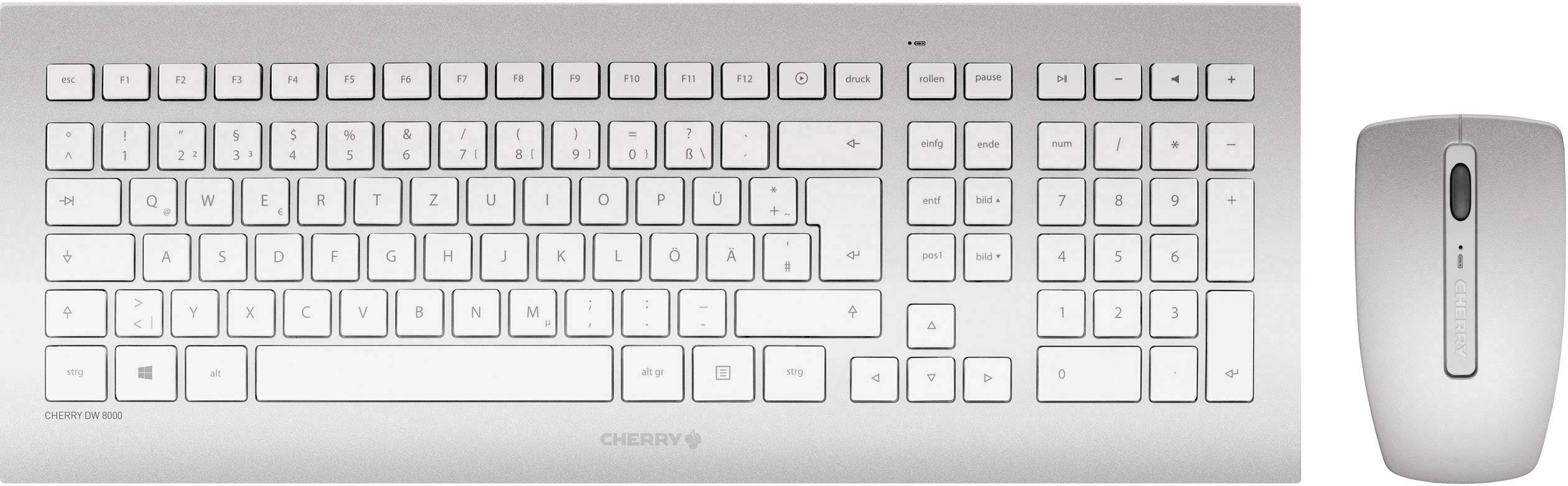 Stříbrná klávesnice a myš, čistě a minimalisticky navržené.
