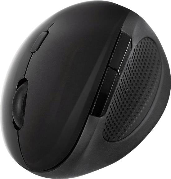 Černá bezdrátová počítačová myš s ergonomickým designem a dvěma postranními tlačítky.