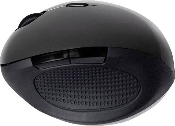 Černá bezdrátová počítačová myš s ergonomickým designem a strukturovanou stranou pro lepší uchopení.