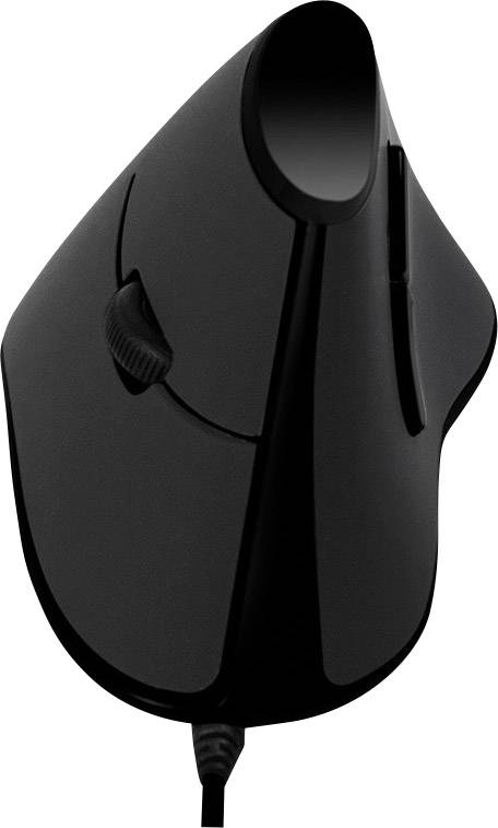 Černá vertikální počítačová myš s ergonomickým designem, kabelovým připojením, dvěma tlačítky a postranním kolečkem pro rolování.