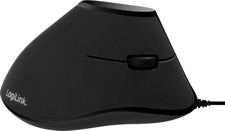 Černá ergonomická vertikální myš s rolovacím kolečkem a kabelem, na které je nápis 'LogiLink'. Navržena pro odlehčení zápěstí.