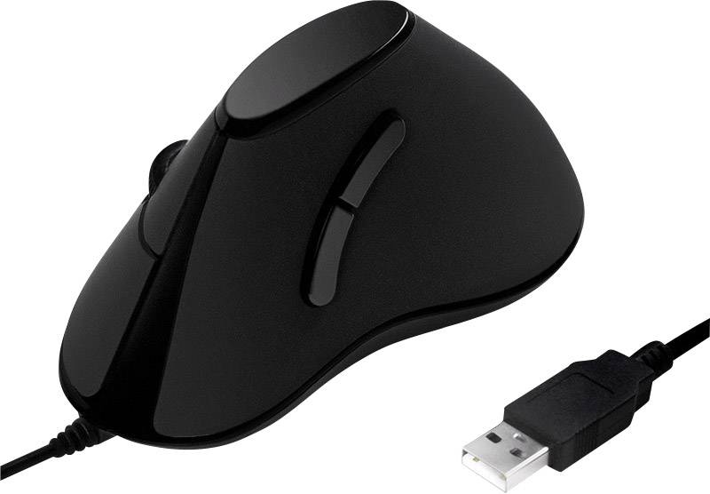 Černá kabelová počítačová myš s ergonomickým designem, USB konektor je viditelný.
