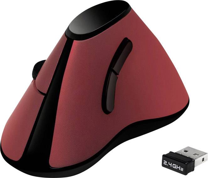 Červená vertikální ergonomická myš se dvěma tlačítky a kolečkem, vedle níž je přijímač 2,4 GHz USB. Ideální pro pohodlnou práci.