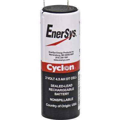 Válcový akumulátor s nápisem 'EnerSys Cyclon'. Specifikace: 2 volty, 4,5 Ah, dobíjecí, neprosakující, vyrobeno v USA.