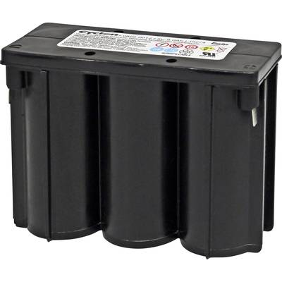 Černá, obdélníková baterie s výstražnou nálepkou nahoře. Vhodná pro elektrické nářadí.