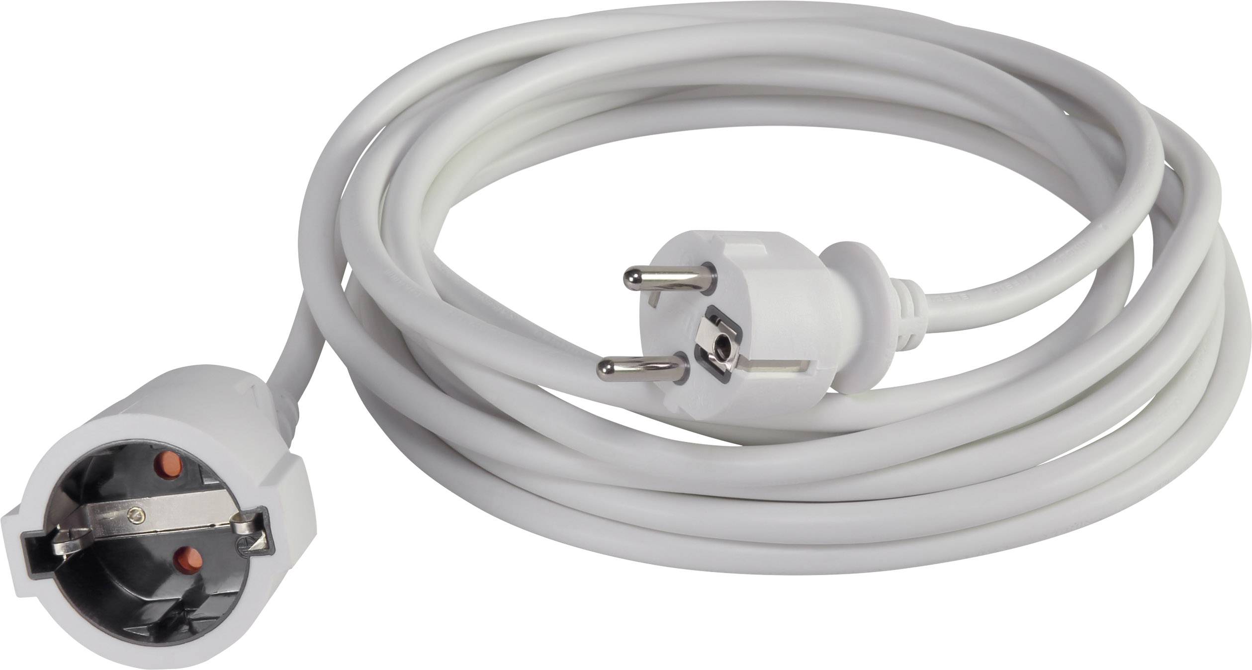 Bílý prodlužovací kabel se zásuvkou a vidlicí Schuko, navinutý a volně smotaný do smyčky.