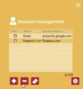 Uživatelské rozhraní programu pro správu účtů zobrazující dva záznamy: Gmail a Passport, s možnostmi přidat, odebrat nebo upravit.