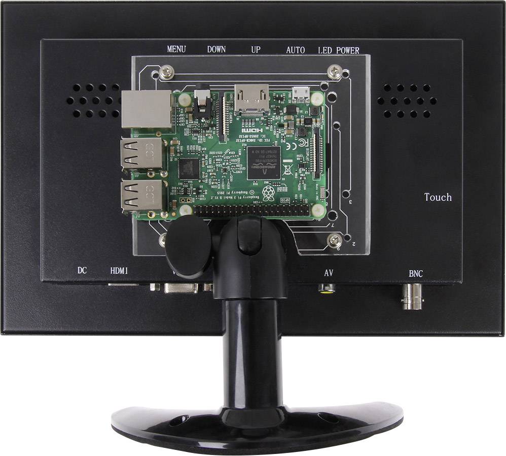 LCD monitor zezadu s připojenou vývojovou deskou. Zobrazuje konektory a upevněný minipočítač ve středu.